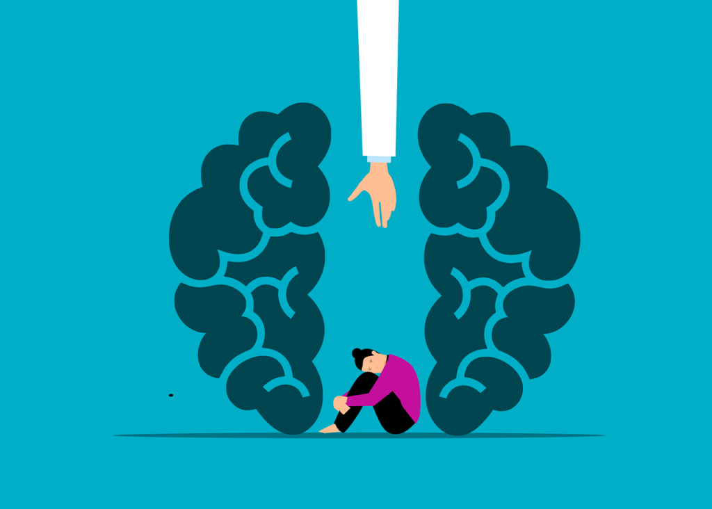 Illustration of a woman sitting on the floor with her knees to her chest. She is seated between the two sides of her brain. A hand and arm wearing what resembles a doctor's white coat reach down towards the woman.